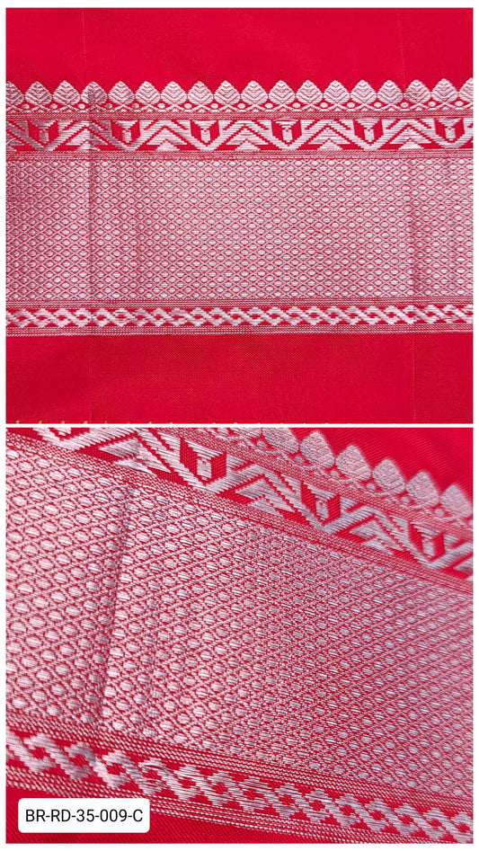 Pure Kanchipuram Silk Zari Border – Red with Silver Geometric & Temple Motifs (Per Meter)