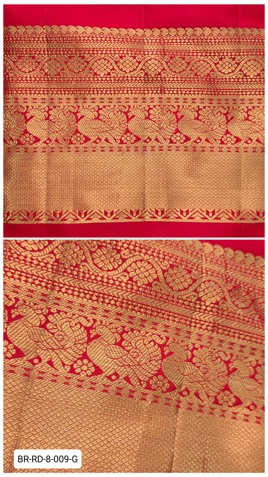 8 Inch Pure Kanchipuram Silk Zari Border – Bright Red with Gold Zari Peacock & Floral Weave