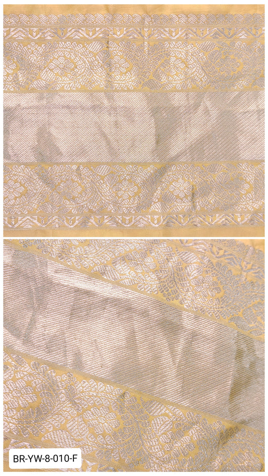 8 Inch Pure Kanchipuram Silk Zari Border – Pale Yellow with Silver Zari Floral Vine Weave