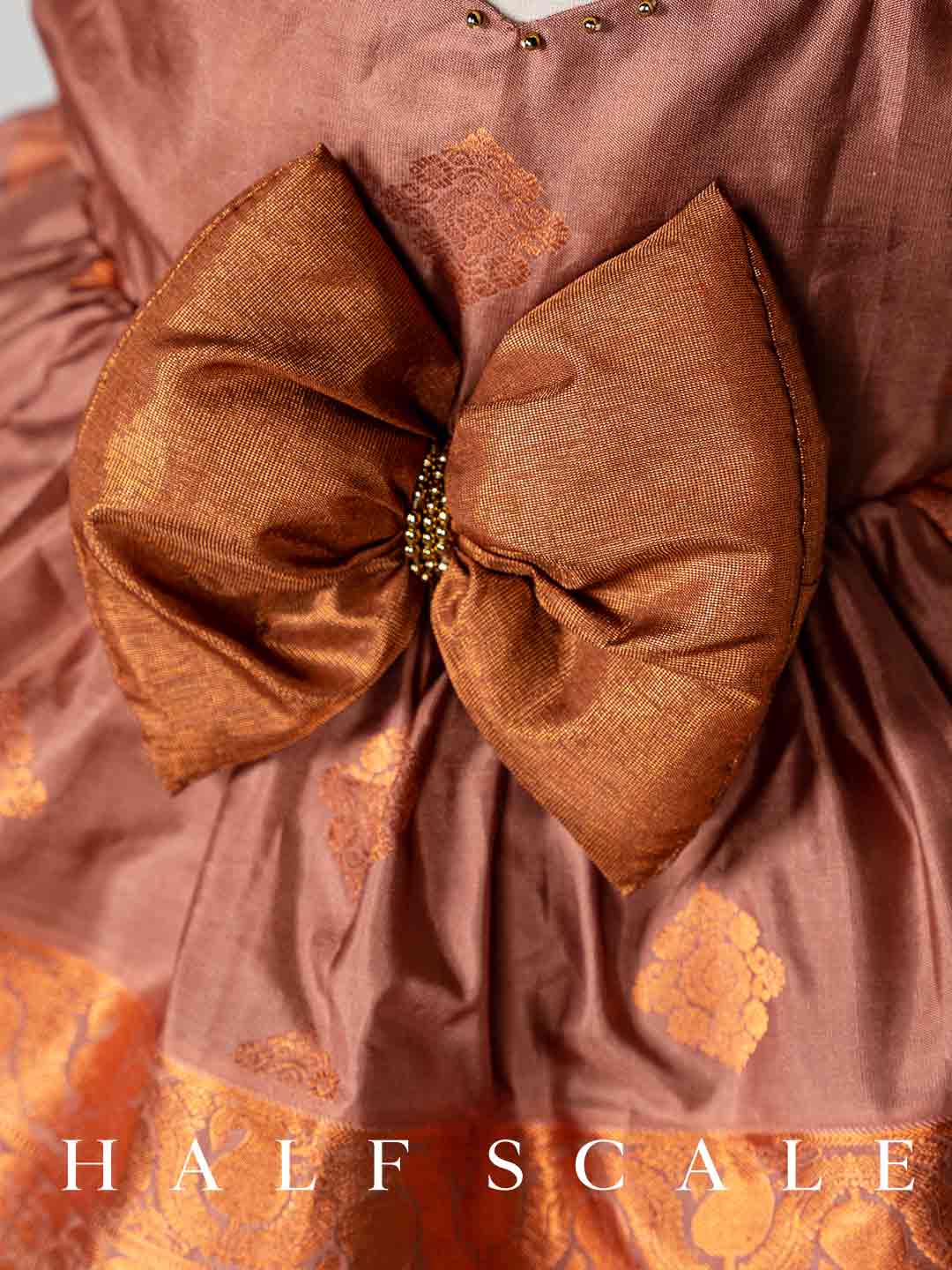Copper Silk Dress for Baby Girl India- Pure Kanjivaram Silk Dress with Intricate Zari Work and Embroidery