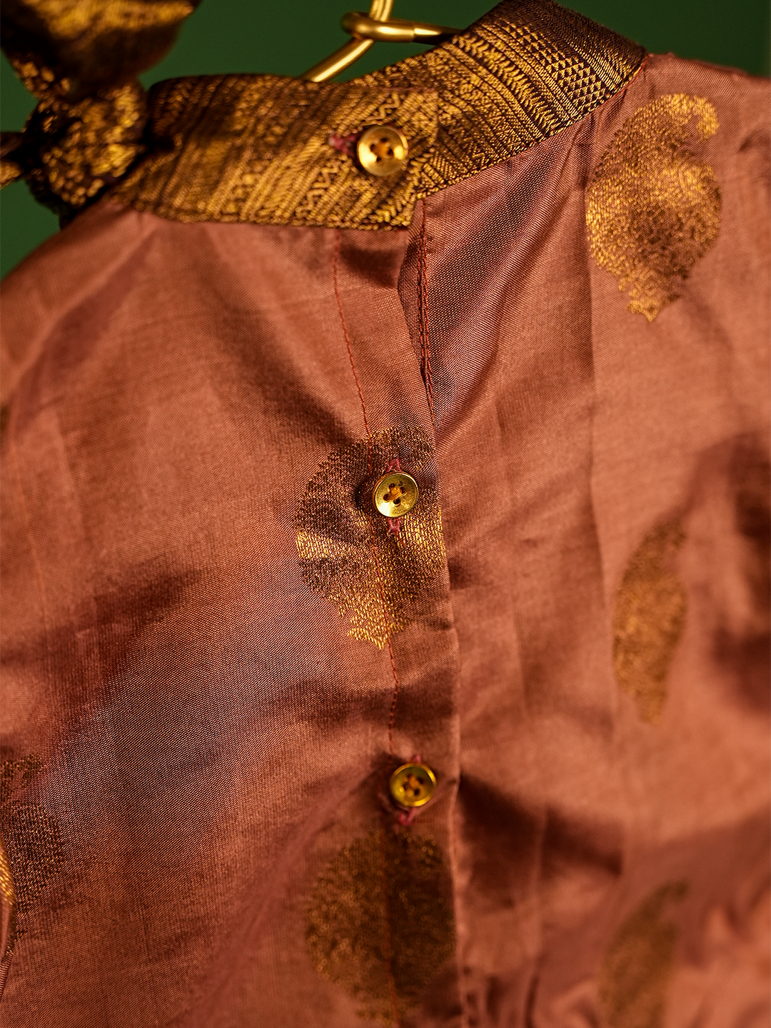 Chocolate Brown Pure Kanchipuram Silk Kurta Set – Half Sleeves with Bow Detail