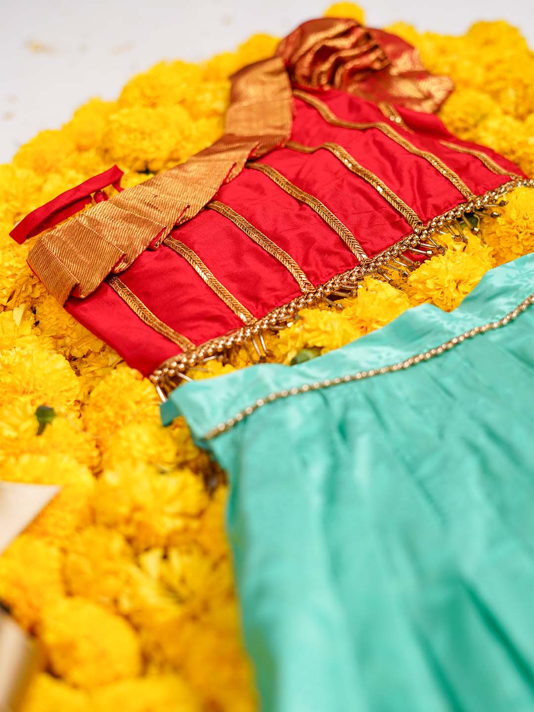 Half Shoulder Bright Red Kanjivaram Lehenga Set