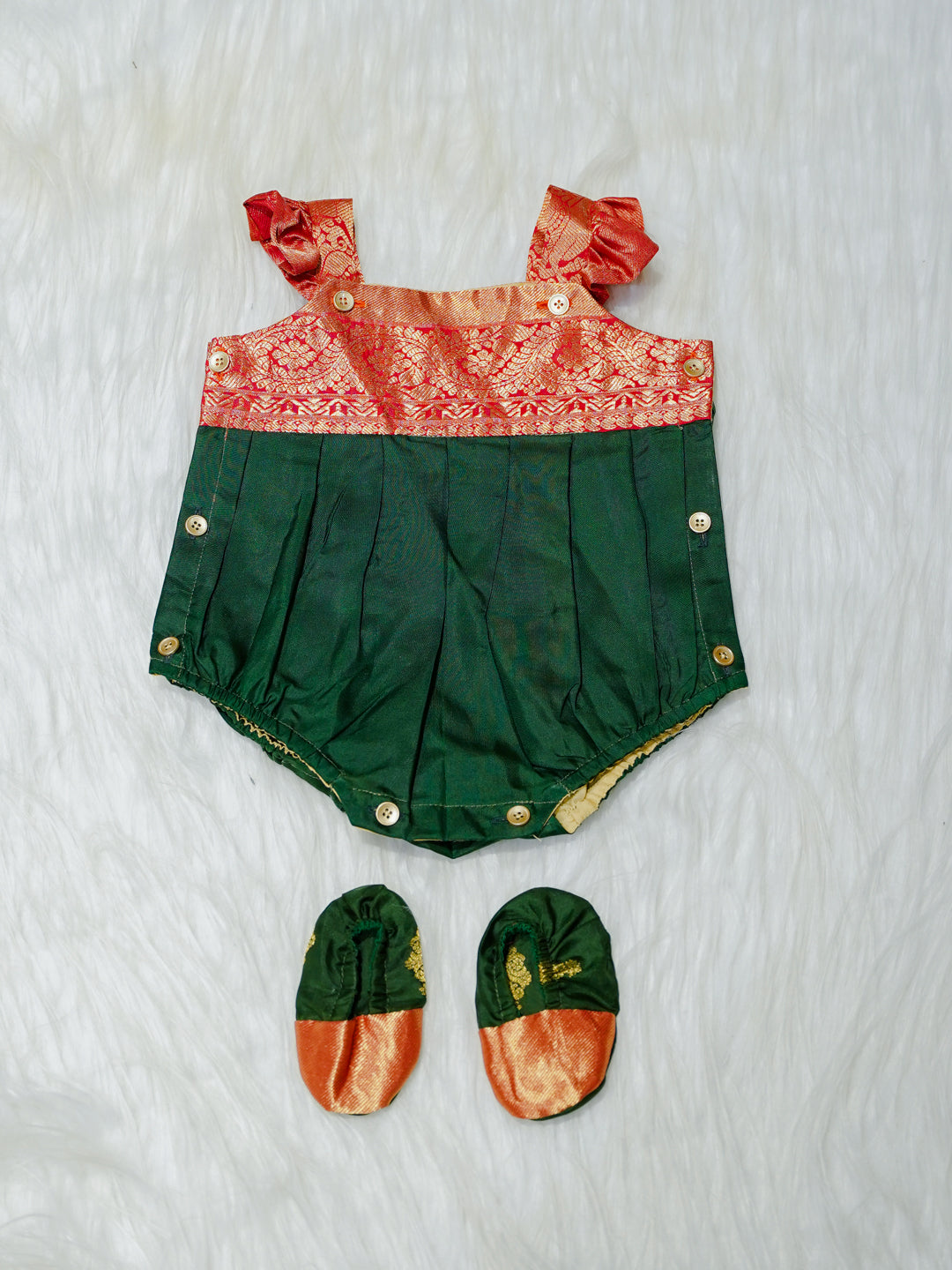Dark Green & Copper Brocade Newborn Girl Bubble Romper with Booties