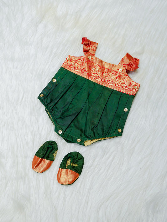 Dark Green & Copper Brocade Newborn Girl Bubble Romper with Booties