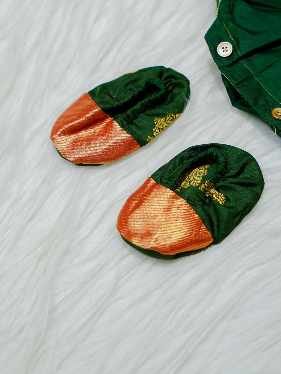 Dark Green & Copper Brocade Newborn Girl Bubble Romper with Booties
