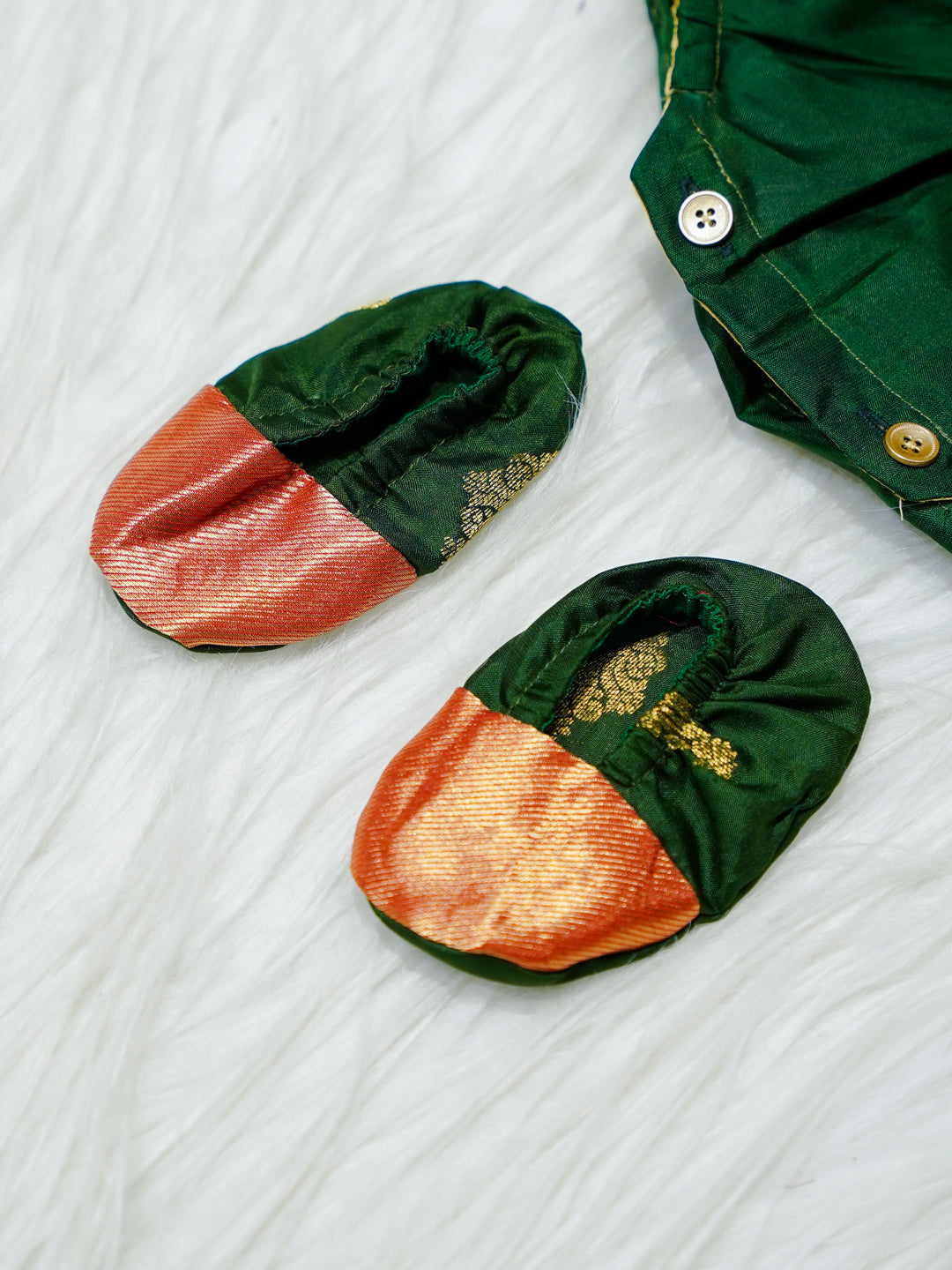 Dark Green & Copper Brocade Newborn Girl Bubble Romper with Booties