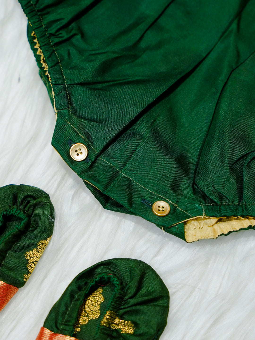 Dark Green & Copper Brocade Newborn Girl Bubble Romper with Booties