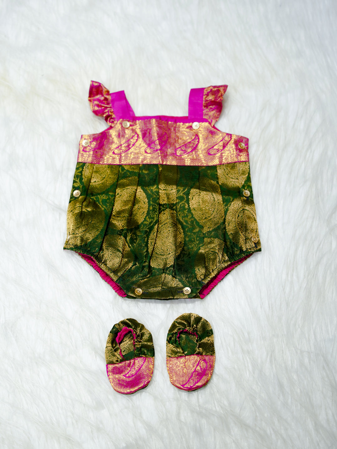 Emerald & Magenta Brocade Newborn Girl Bubble Romper with Booties