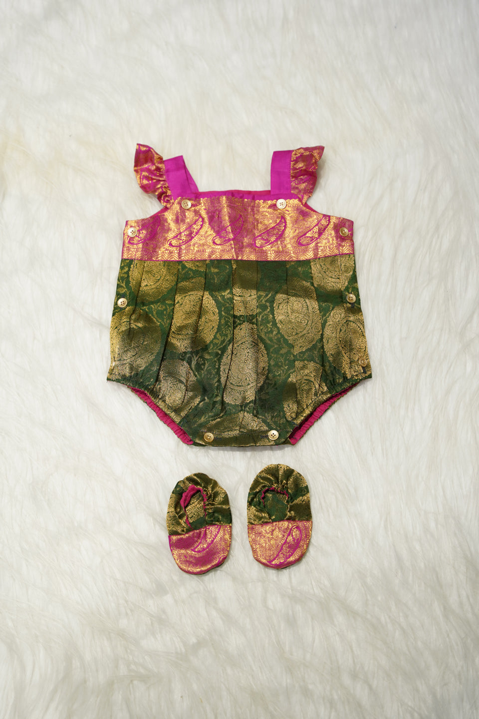 Emerald & Magenta Brocade Newborn Girl Bubble Romper with Booties