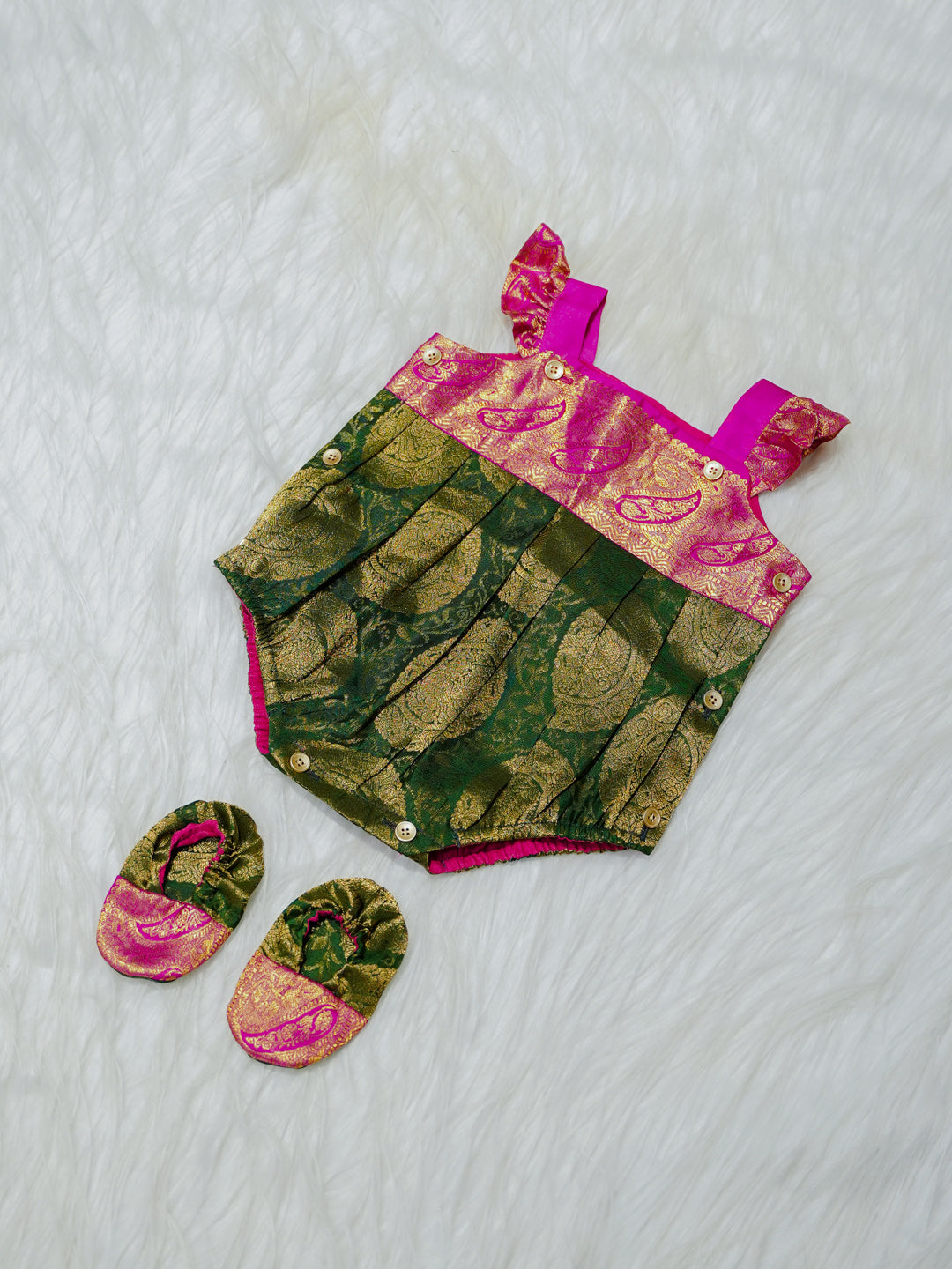 Emerald & Magenta Brocade Newborn Girl Bubble Romper with Booties