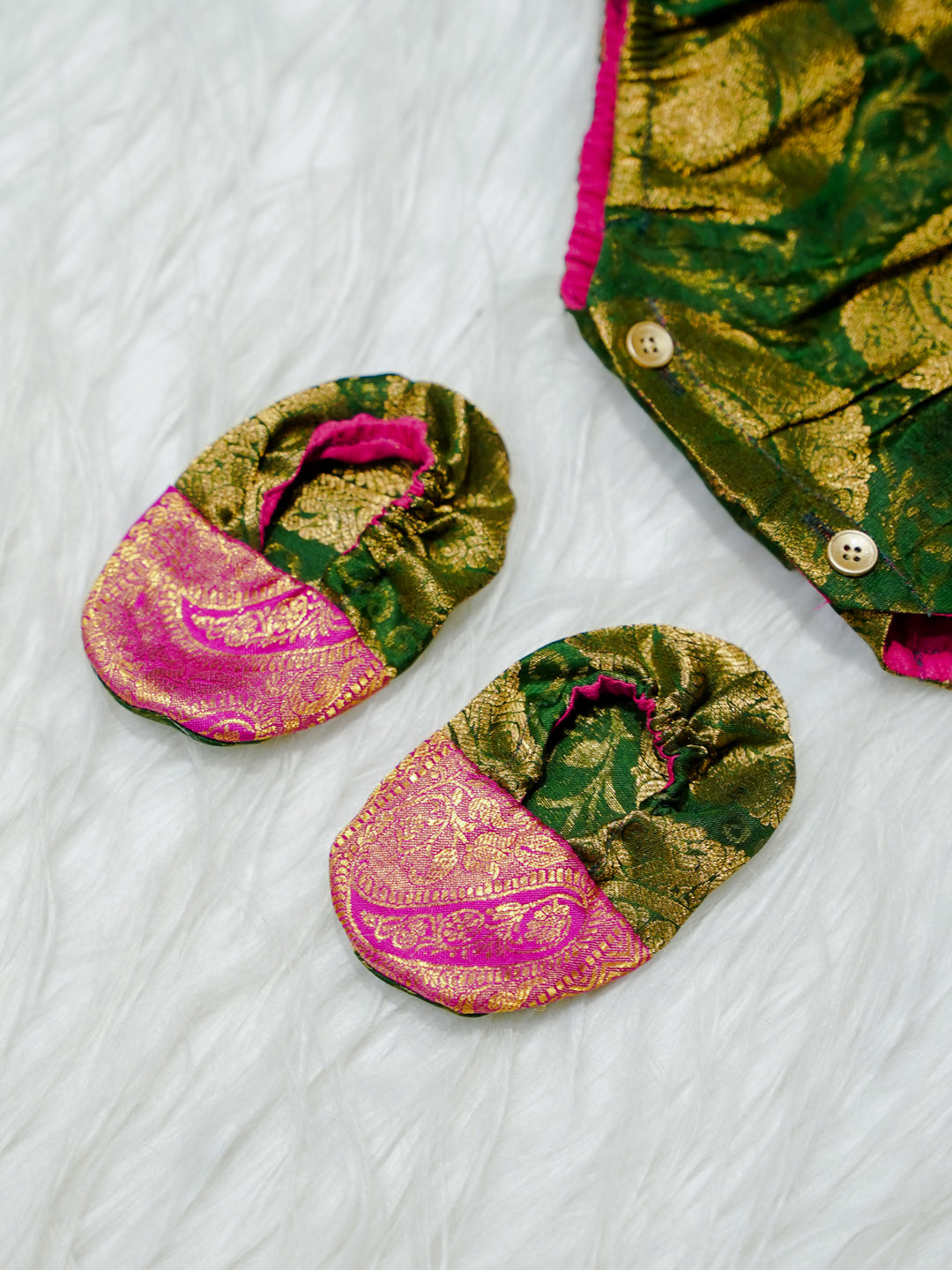 Emerald & Magenta Brocade Newborn Girl Bubble Romper with Booties