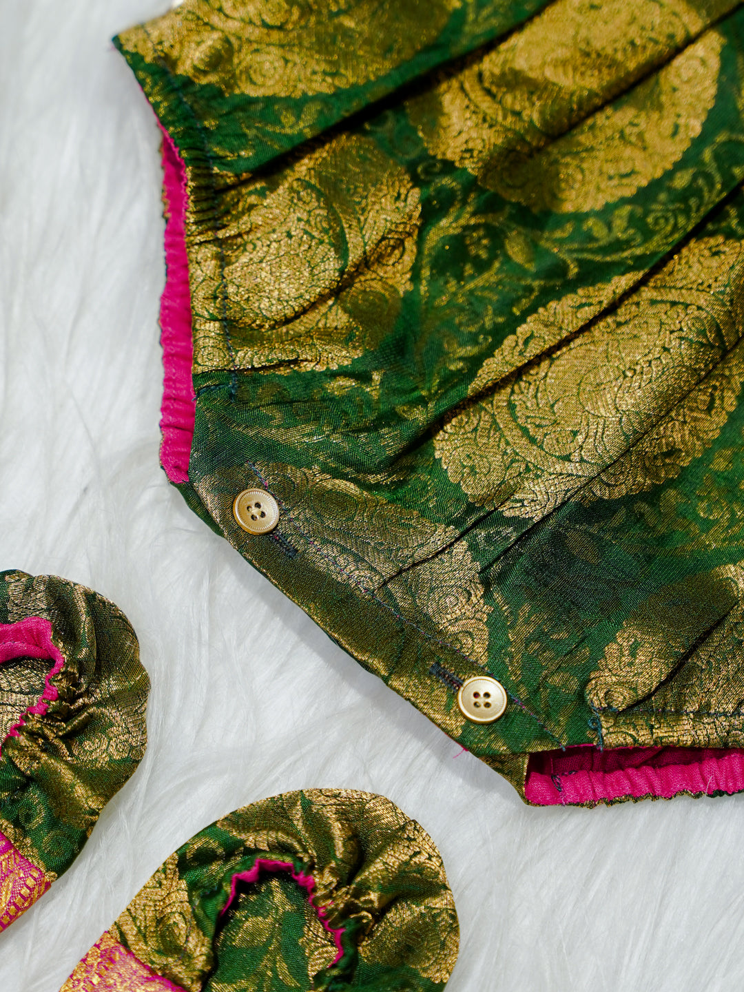 Emerald & Magenta Brocade Newborn Girl Bubble Romper with Booties
