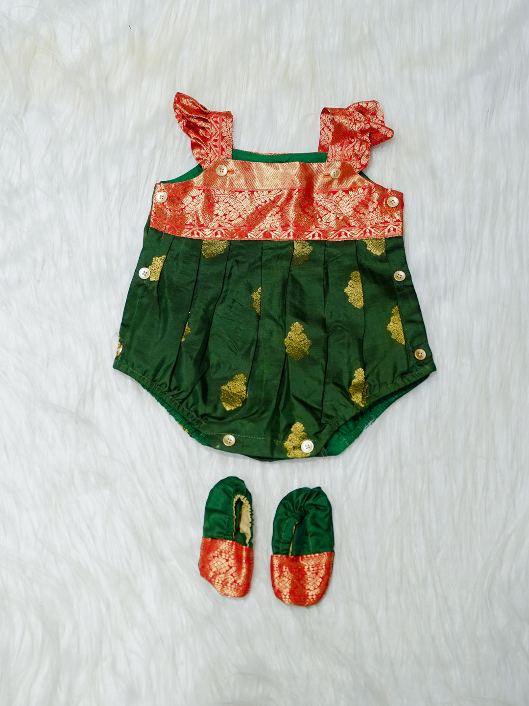 Emerald & Red Brocade Newborn Girl Bubble Romper with Booties