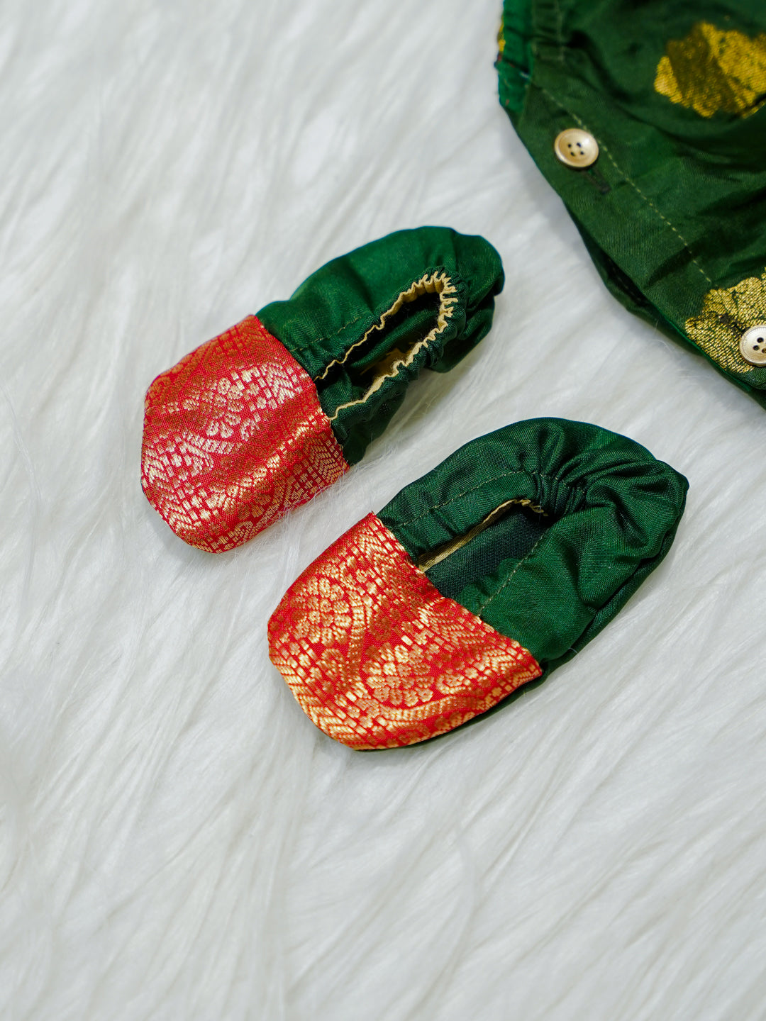 Emerald & Red Brocade Newborn Girl Bubble Romper with Booties