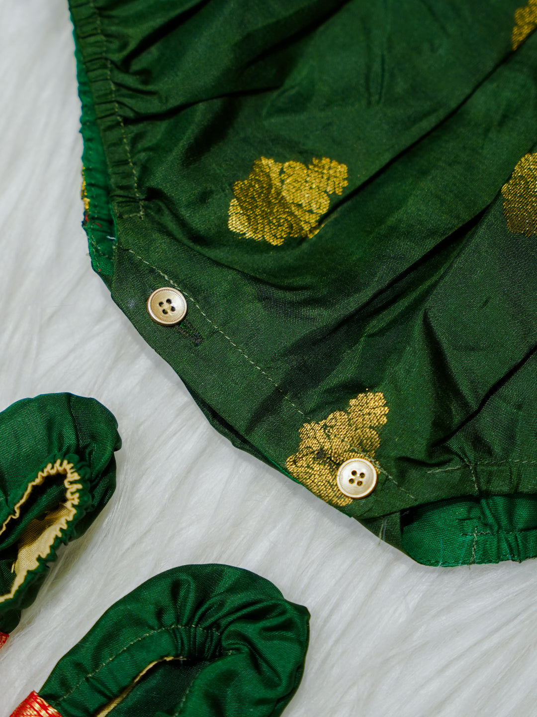 Emerald & Red Brocade Newborn Girl Bubble Romper with Booties
