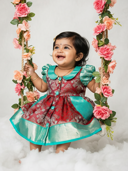 Red & Teal Baby Silk Frock — Pure Kanchipuram Silk (0–1 Year)
