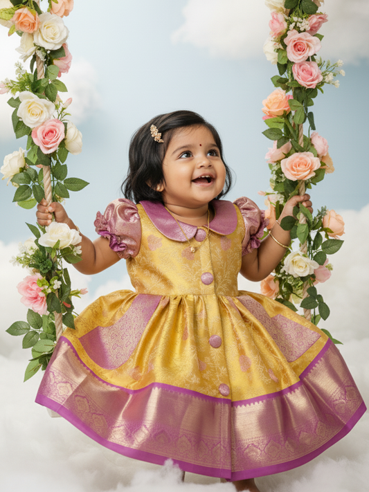Yellow & Lavender Kids Silk Frock — Pure Kanchipuram Silk with Zari Border