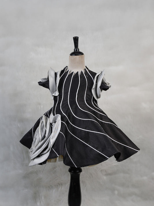 Self Designed Pannelled Black and White Rosette  Silk Gown