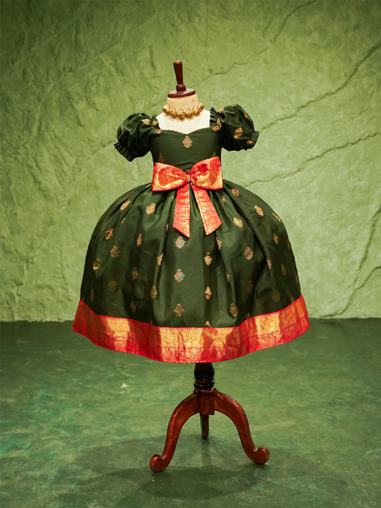Bottle Green & Red Kanchipuram Silk Bow Gown