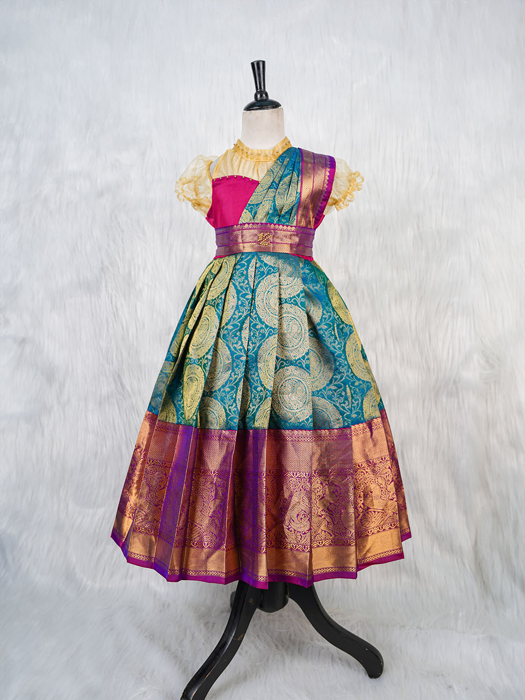 Boysenberry and Peacock Jacquard Kanjivaram Silk Gown