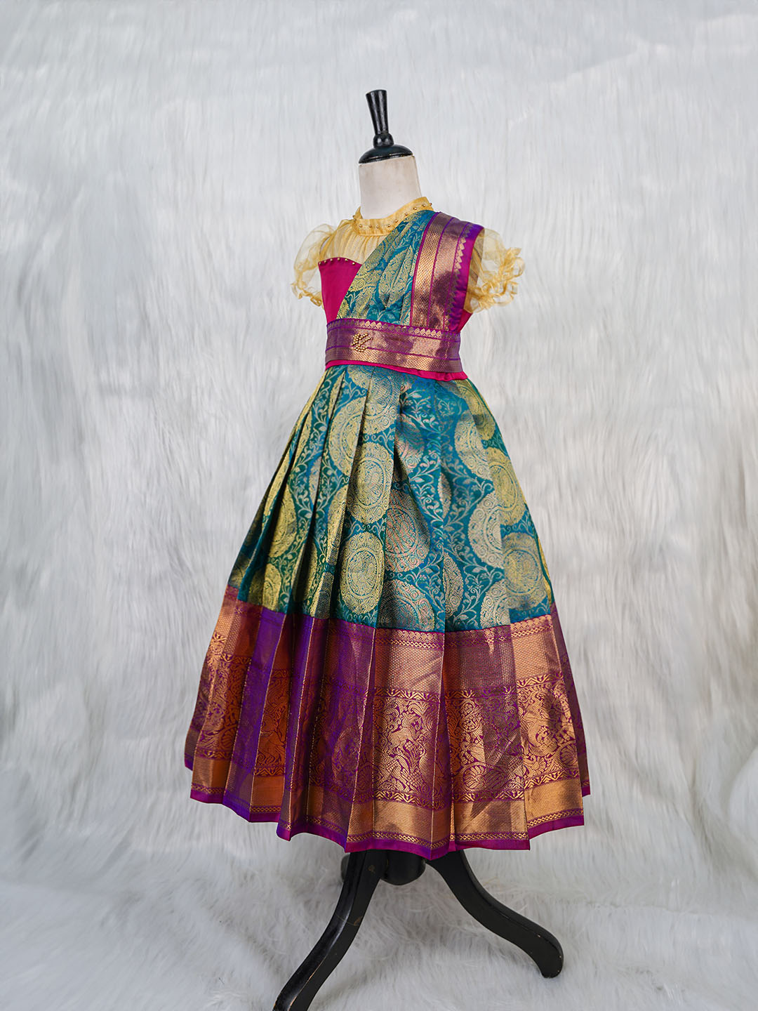 Boysenberry and Peacock Jacquard Kanjivaram Silk Gown