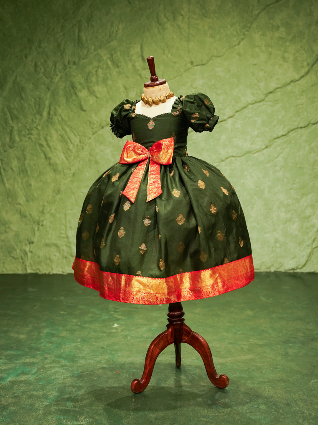 Bottle Green & Red Kanchipuram Silk Bow Gown