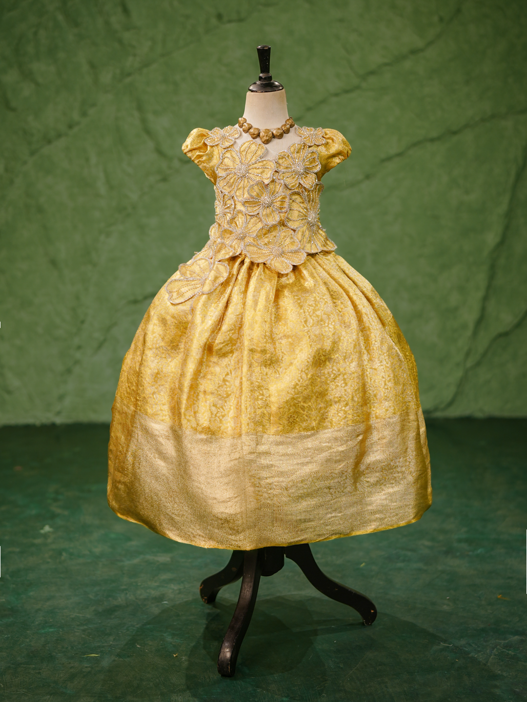 Pastel Yellow Kanchipuram Silk 3D Floral Gown