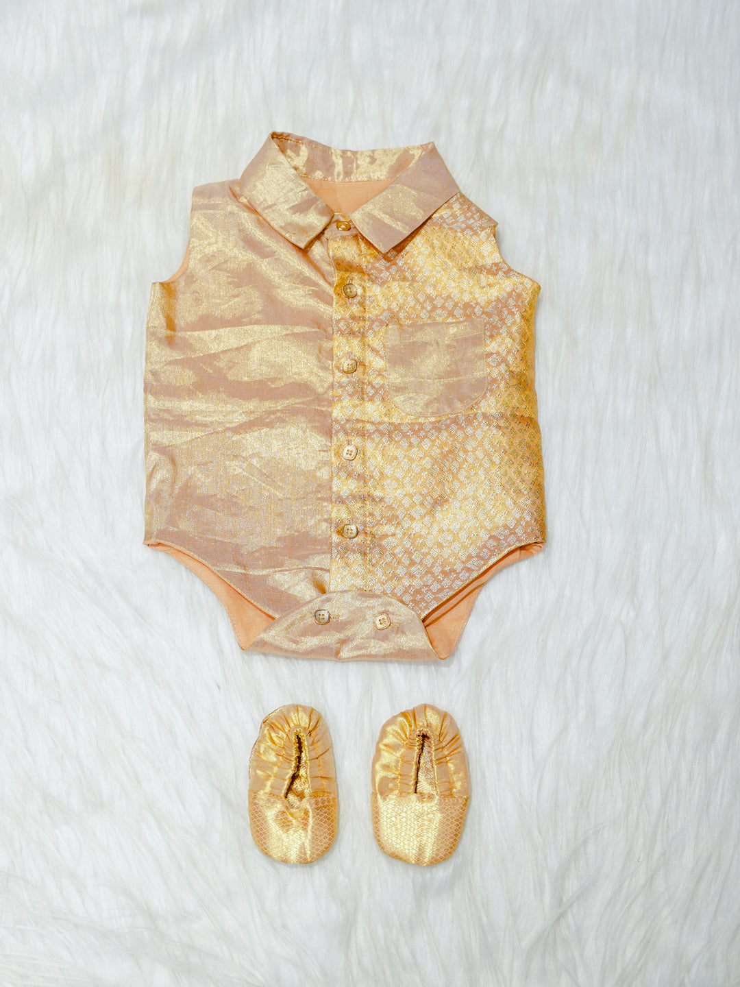 Gold Shimmer Silk Newborn Boy Romper with Booties