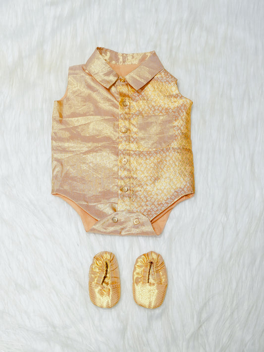 Gold Shimmer Silk Newborn Boy Romper with Booties