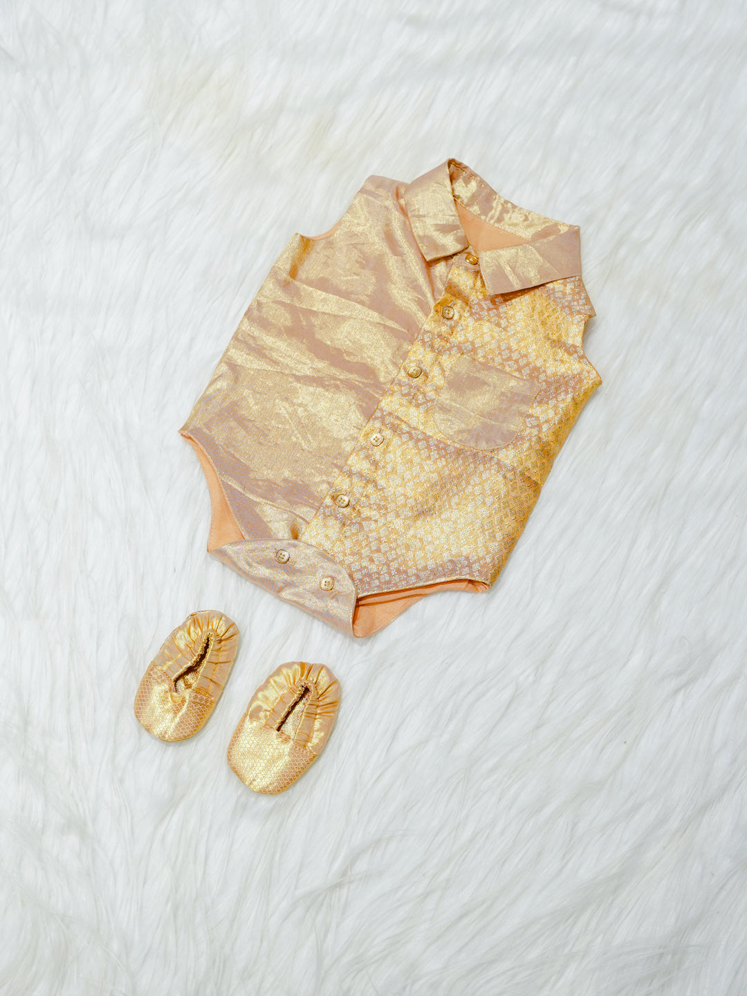 Gold Shimmer Silk Newborn Boy Romper with Booties