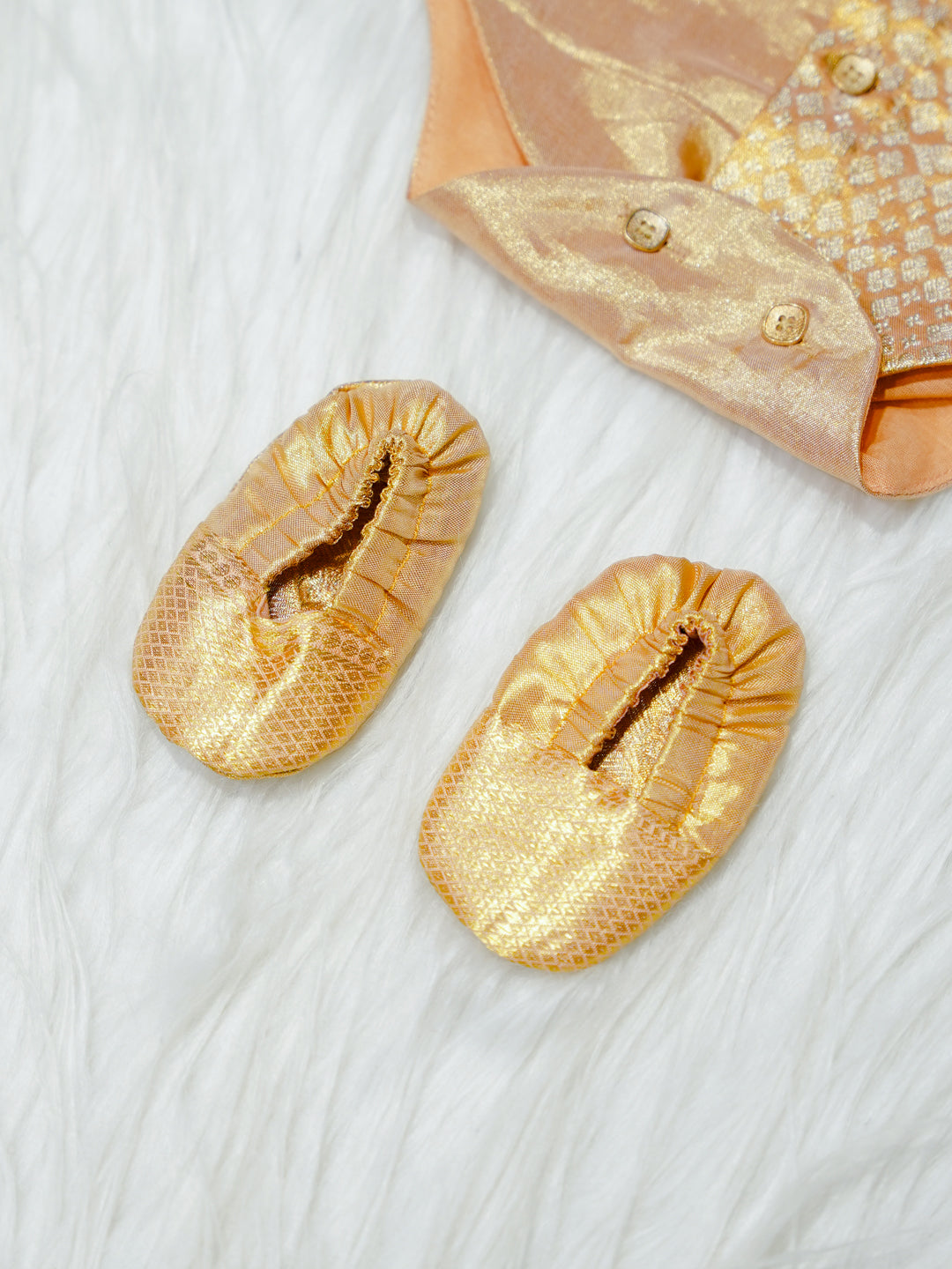 Gold Shimmer Silk Newborn Boy Romper with Booties