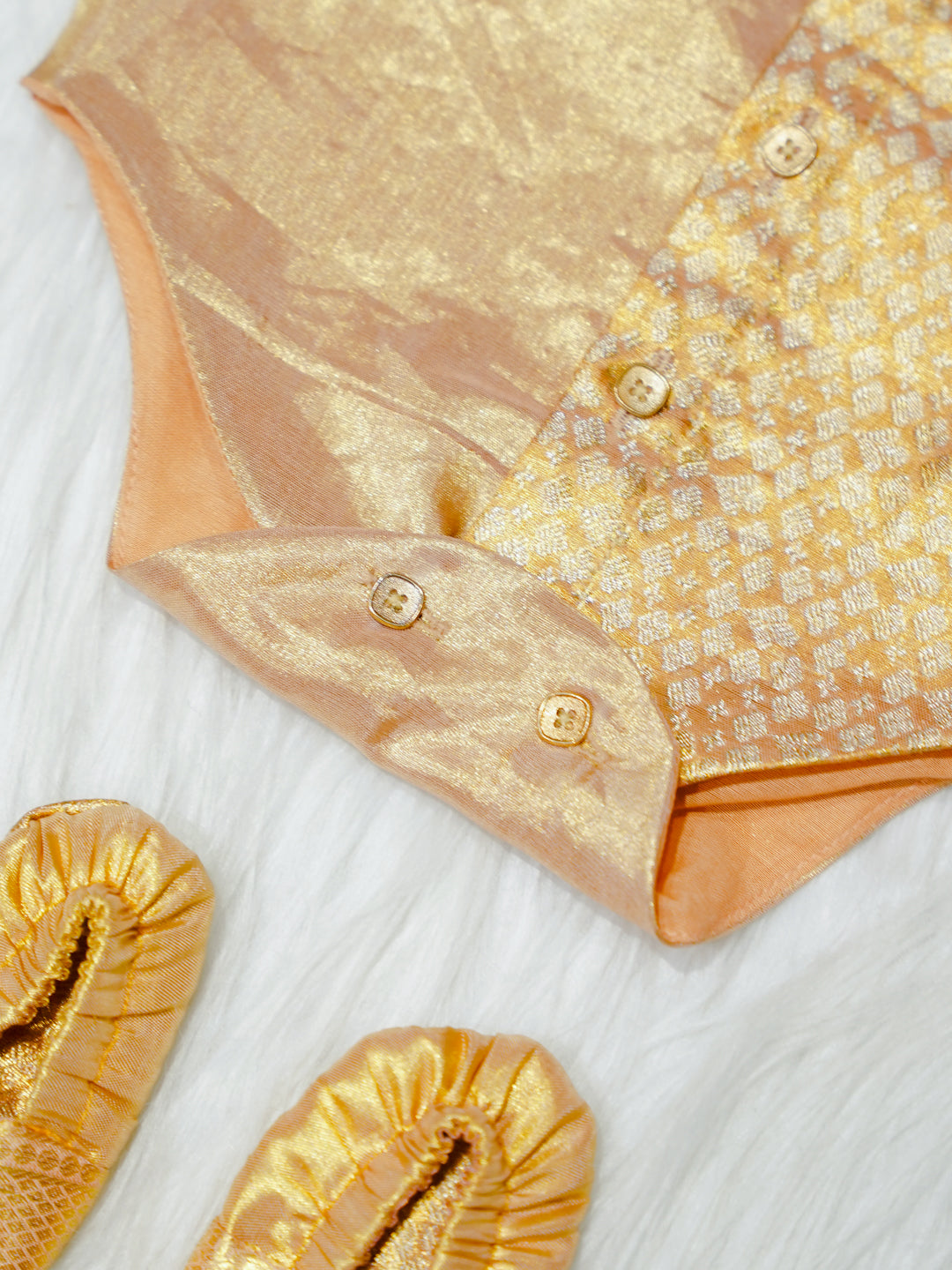 Gold Shimmer Silk Newborn Boy Romper with Booties