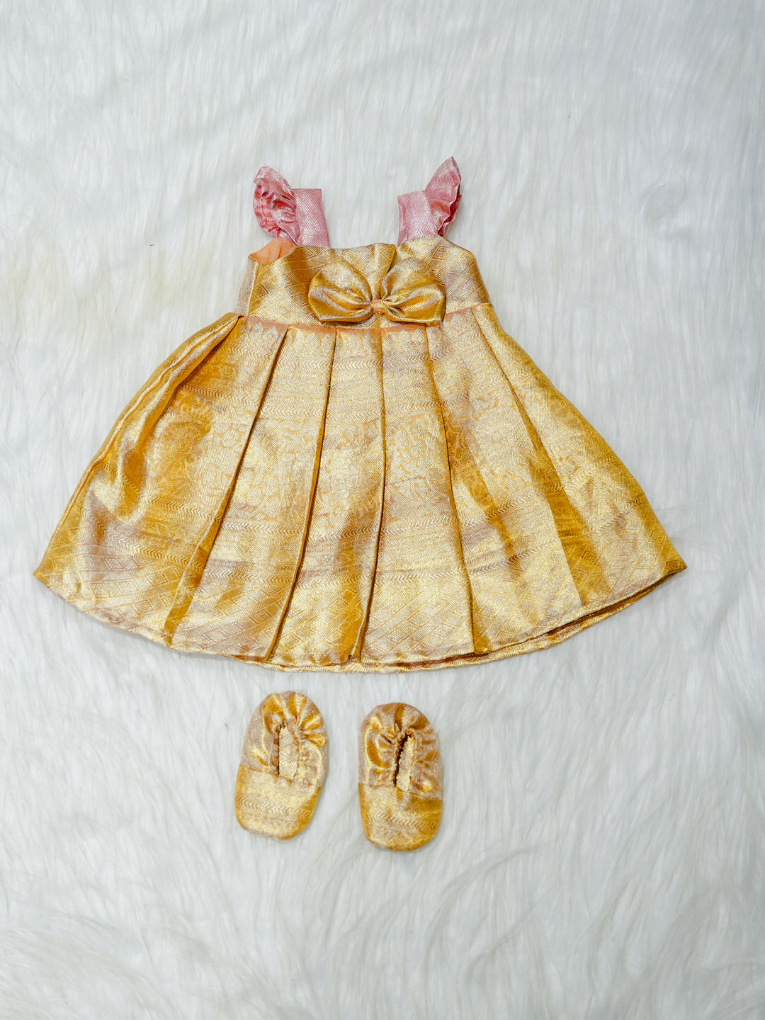 Gold & Blush Brocade Newborn Girl Gown with Booties