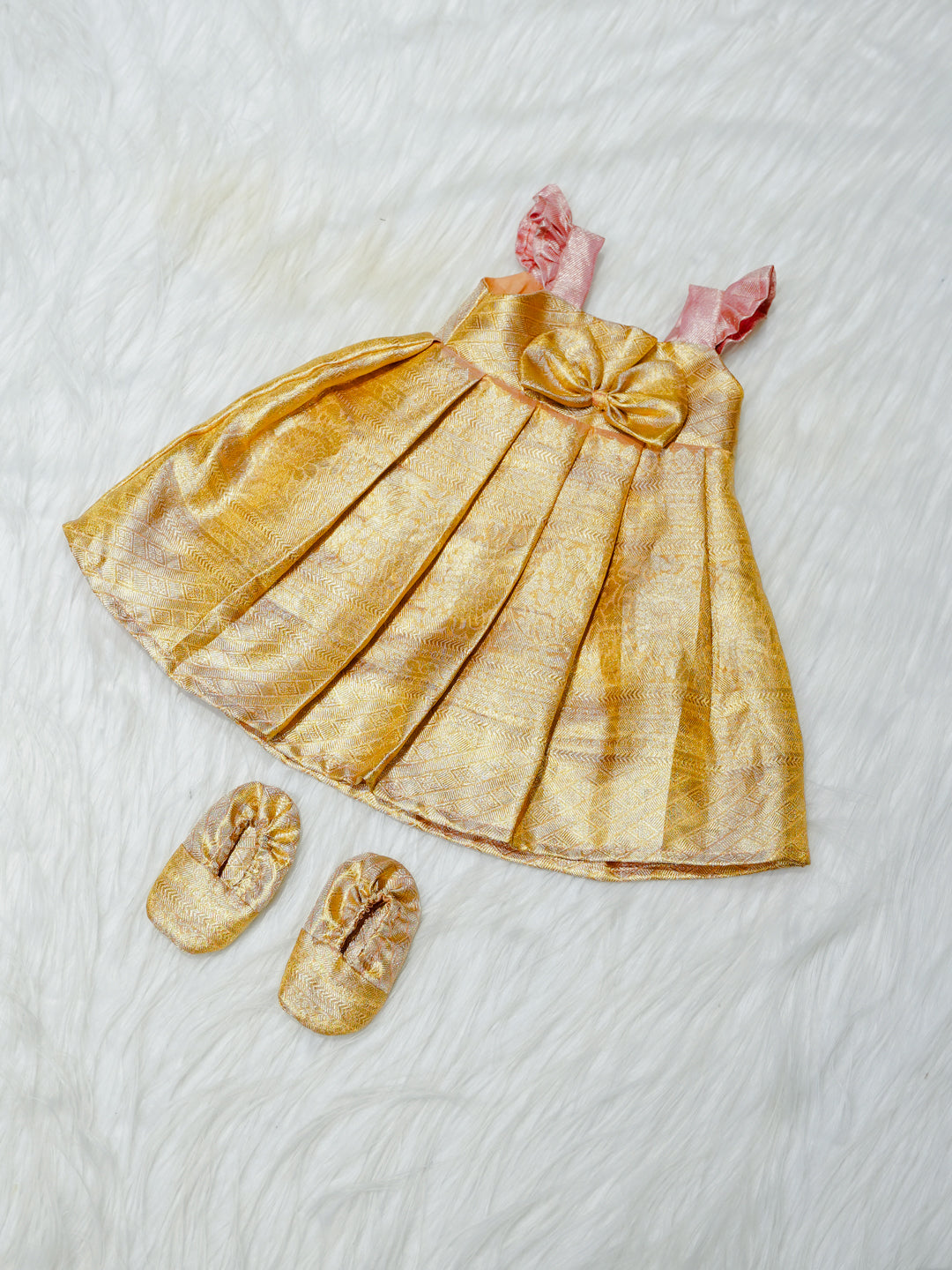 Gold & Blush Brocade Newborn Girl Gown with Booties