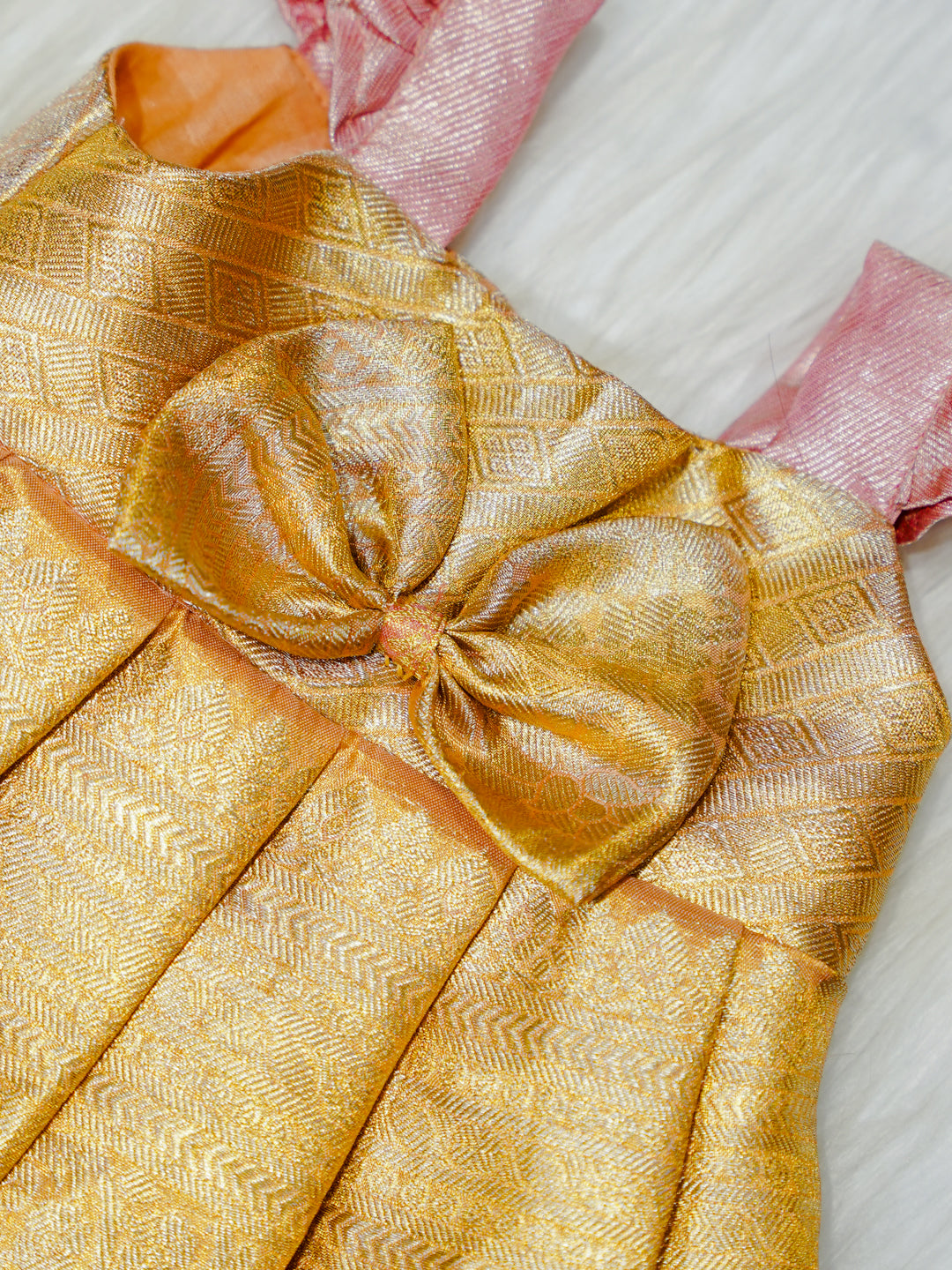 Gold & Blush Brocade Newborn Girl Gown with Booties