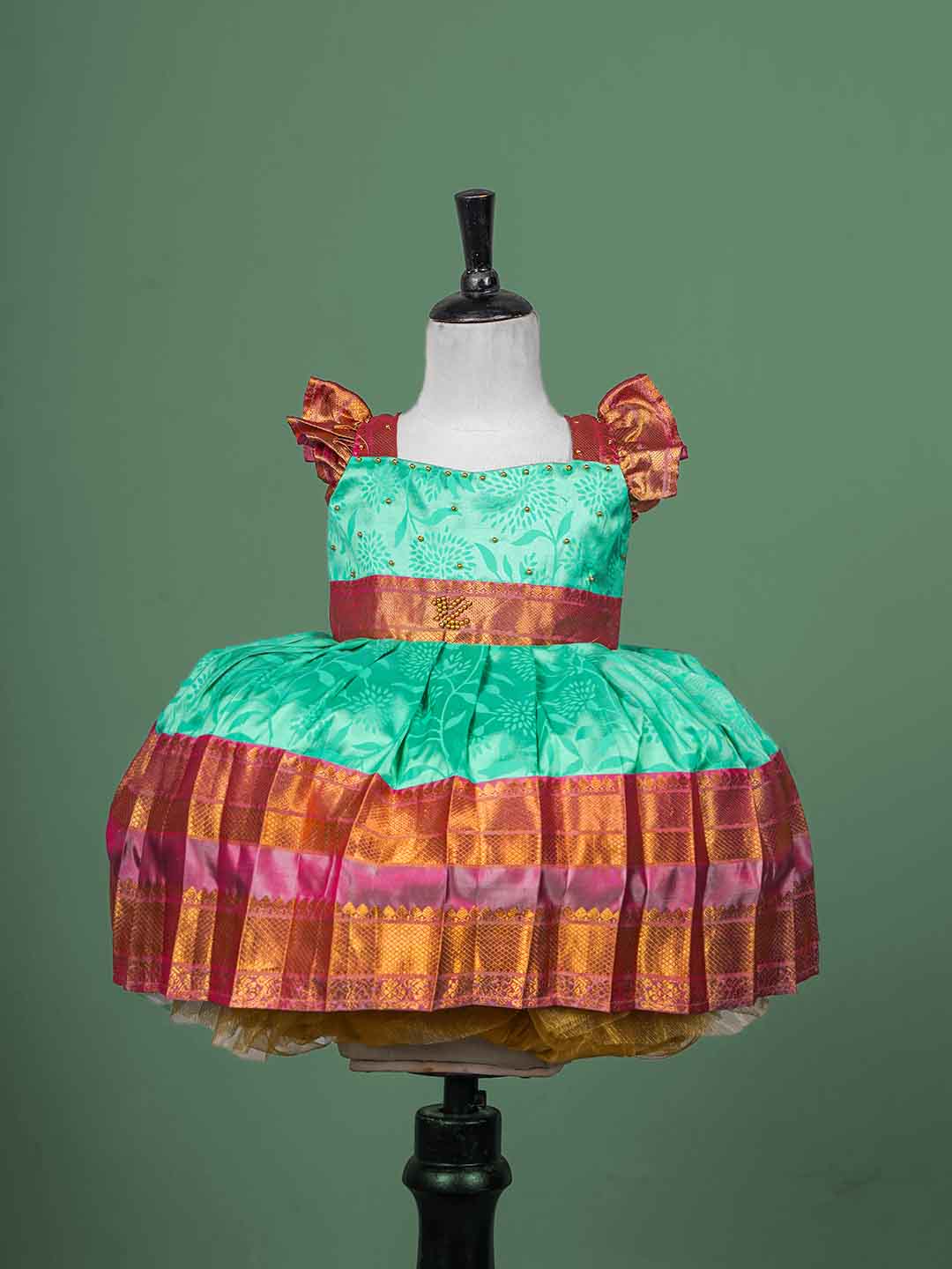 Aqua Green and Rich Pink Raw silk Children's gown