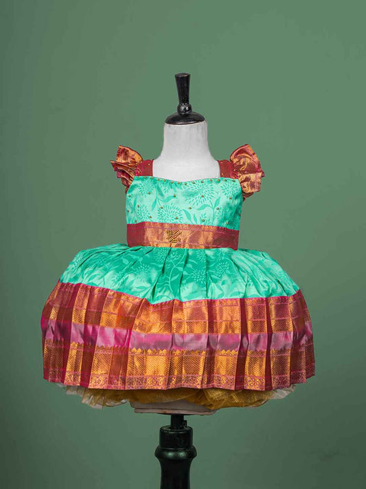 Aqua Green and Rich Pink Raw silk Children's gown