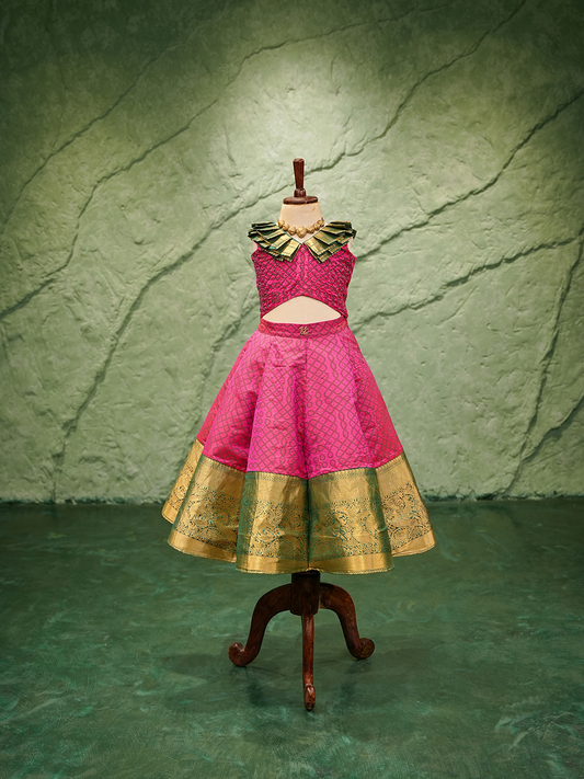 Royal Pink Kanchipuram Silk Lehenga with Contrast Green Collar Blouse