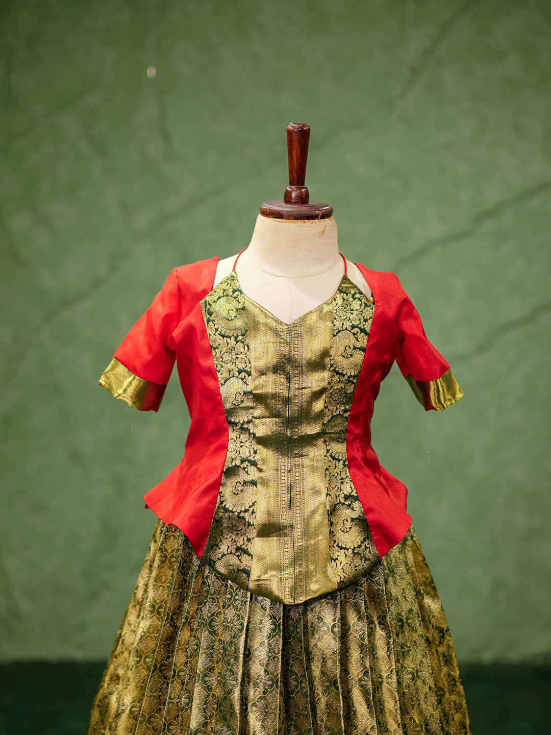 Olive Green & Red Kanchipuram Silk Corset Pavadai Gown