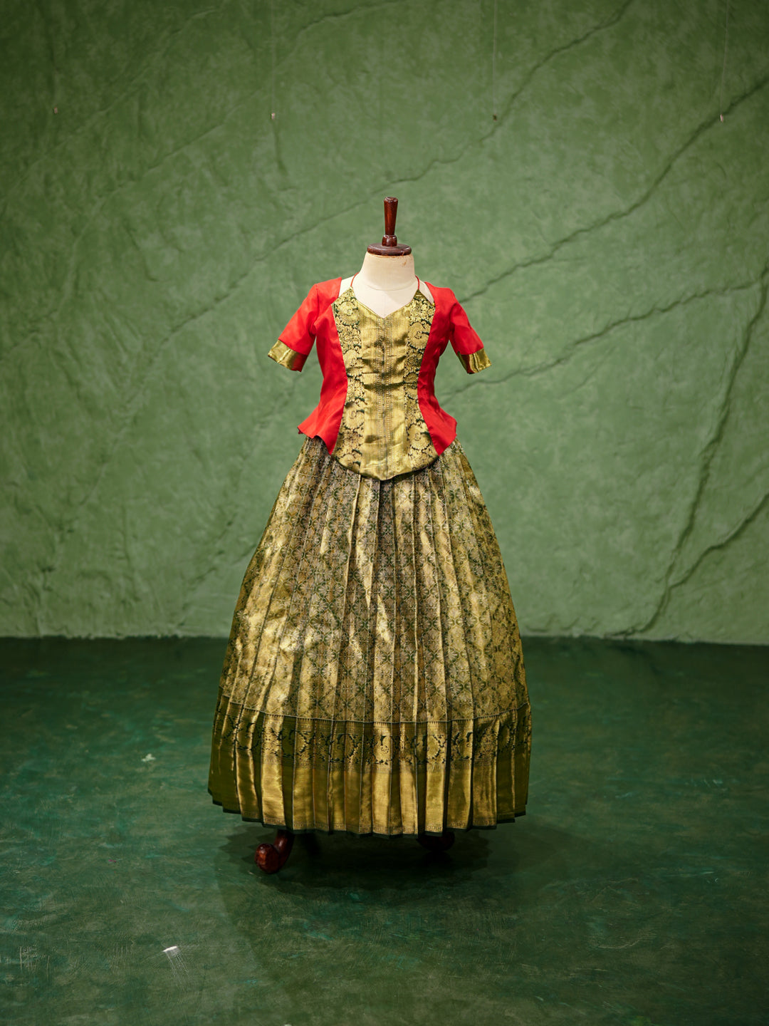 Olive Green & Red Kanchipuram Silk Corset Pavadai Gown