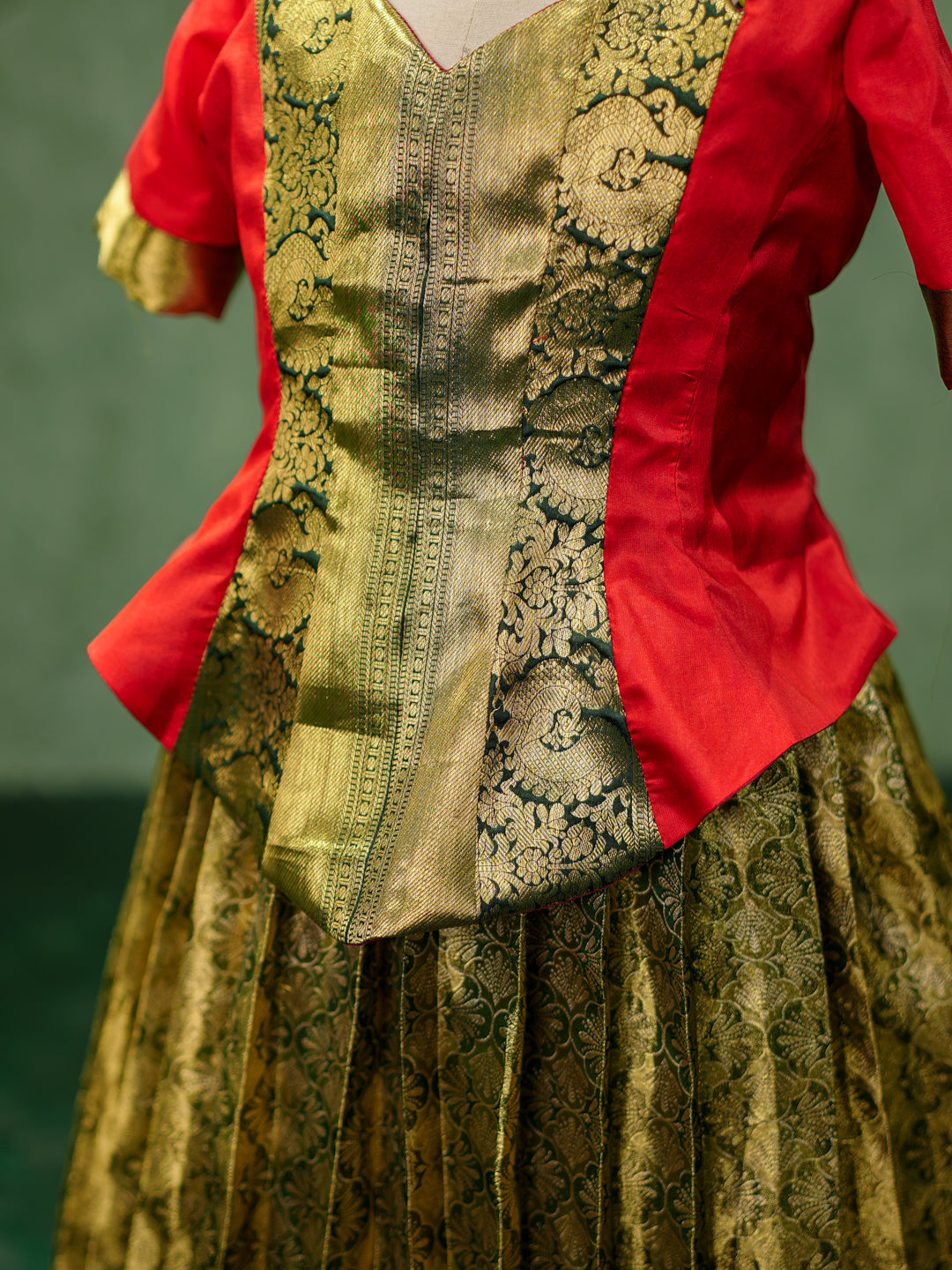 Olive Green & Red Kanchipuram Silk Corset Pavadai Gown
