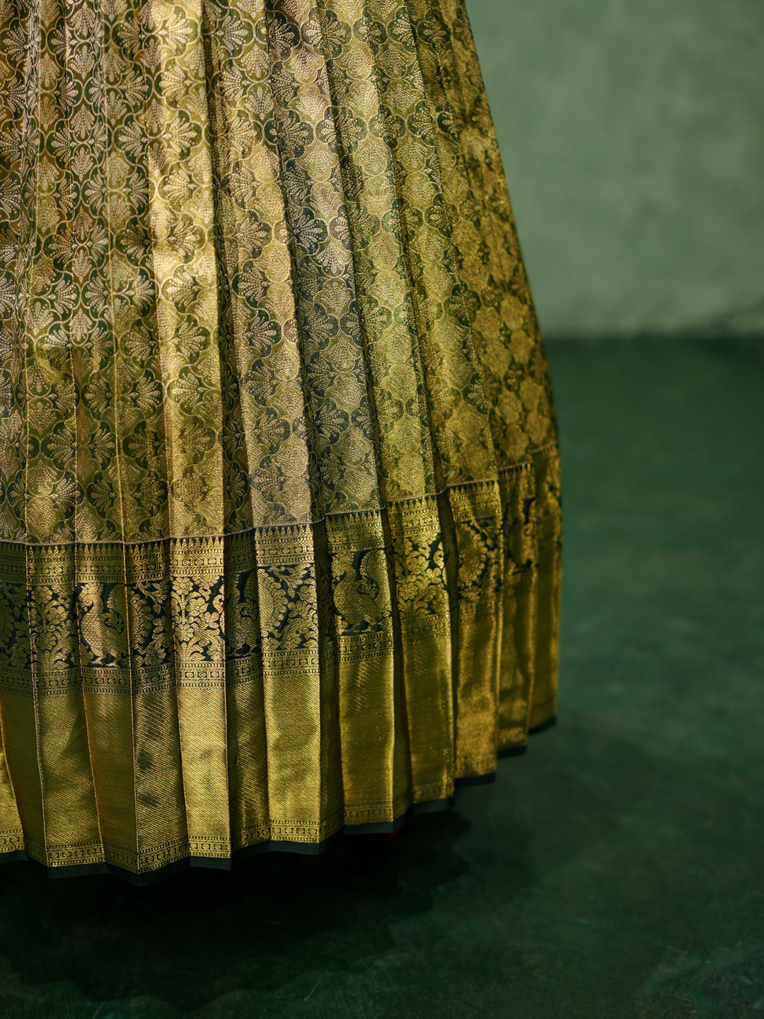 Olive Green & Red Kanchipuram Silk Corset Pavadai Gown