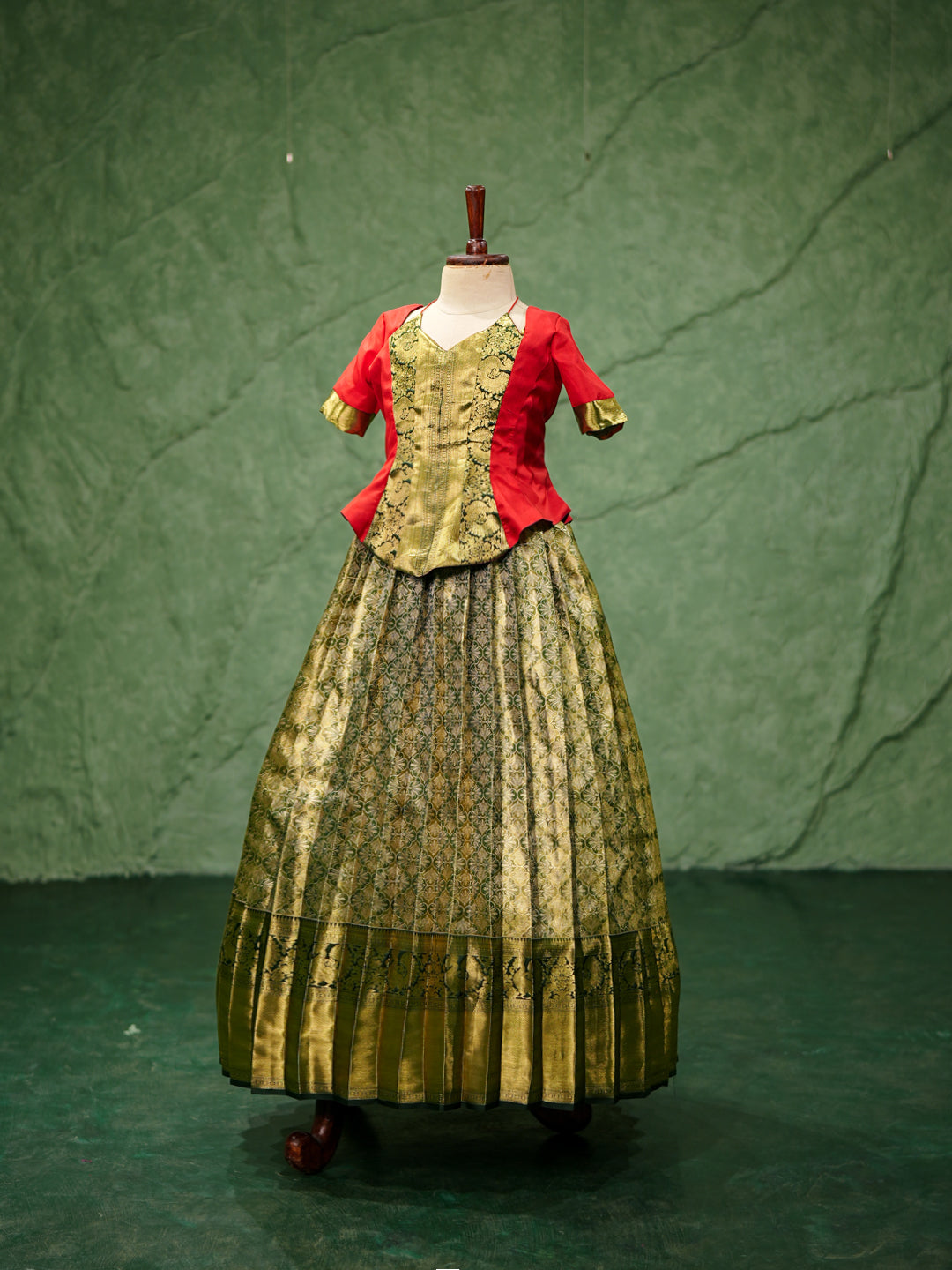 Olive Green & Red Kanchipuram Silk Corset Pavadai Gown