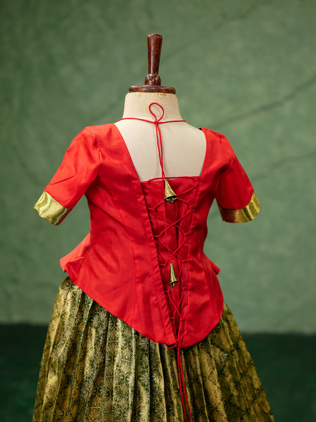 Olive Green & Red Kanchipuram Silk Corset Pavadai Gown