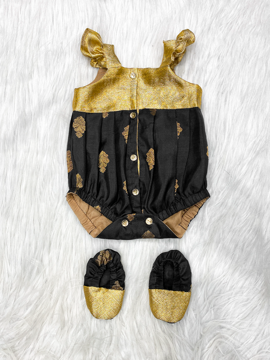 Classic Black & Gold Silk Newborn Girl Romper Set