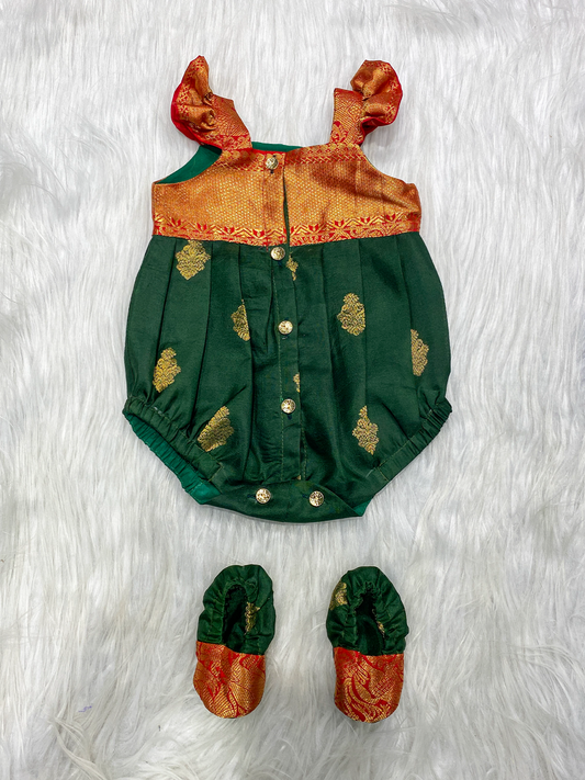 Bottle Green & Gold Kanchipuram Silk Newborn Girl Romper Set