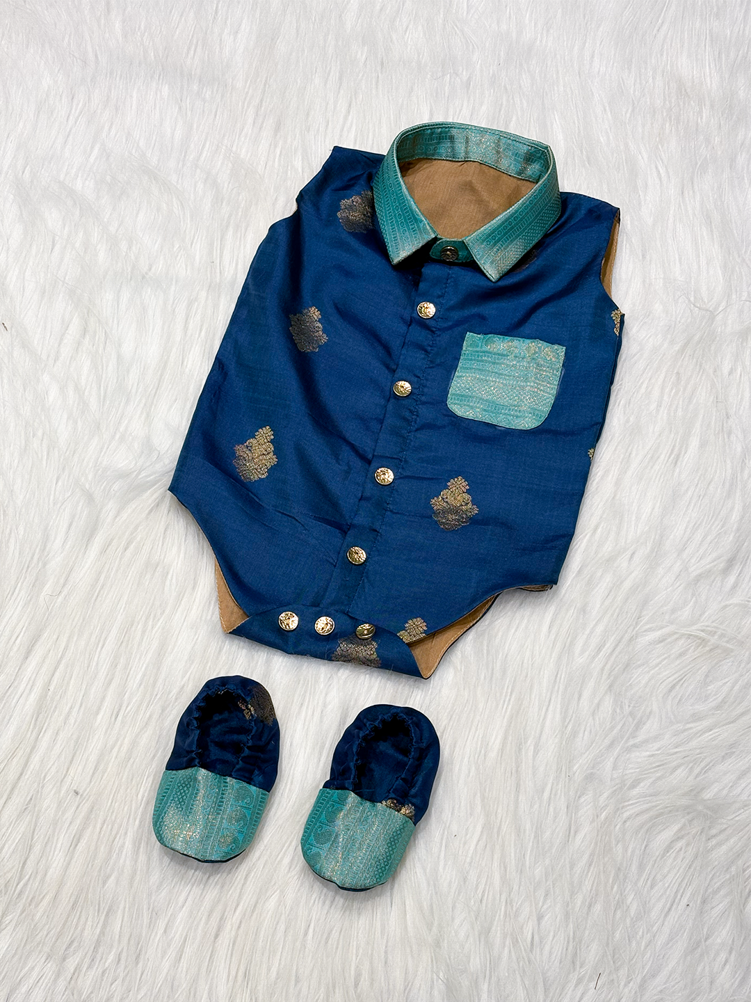 Royal Blue & Teal Silk Shirt-Style Newborn Boy Romper Set