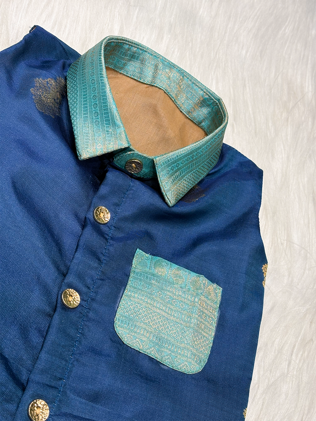 Royal Blue & Teal Silk Shirt-Style Newborn Boy Romper Set