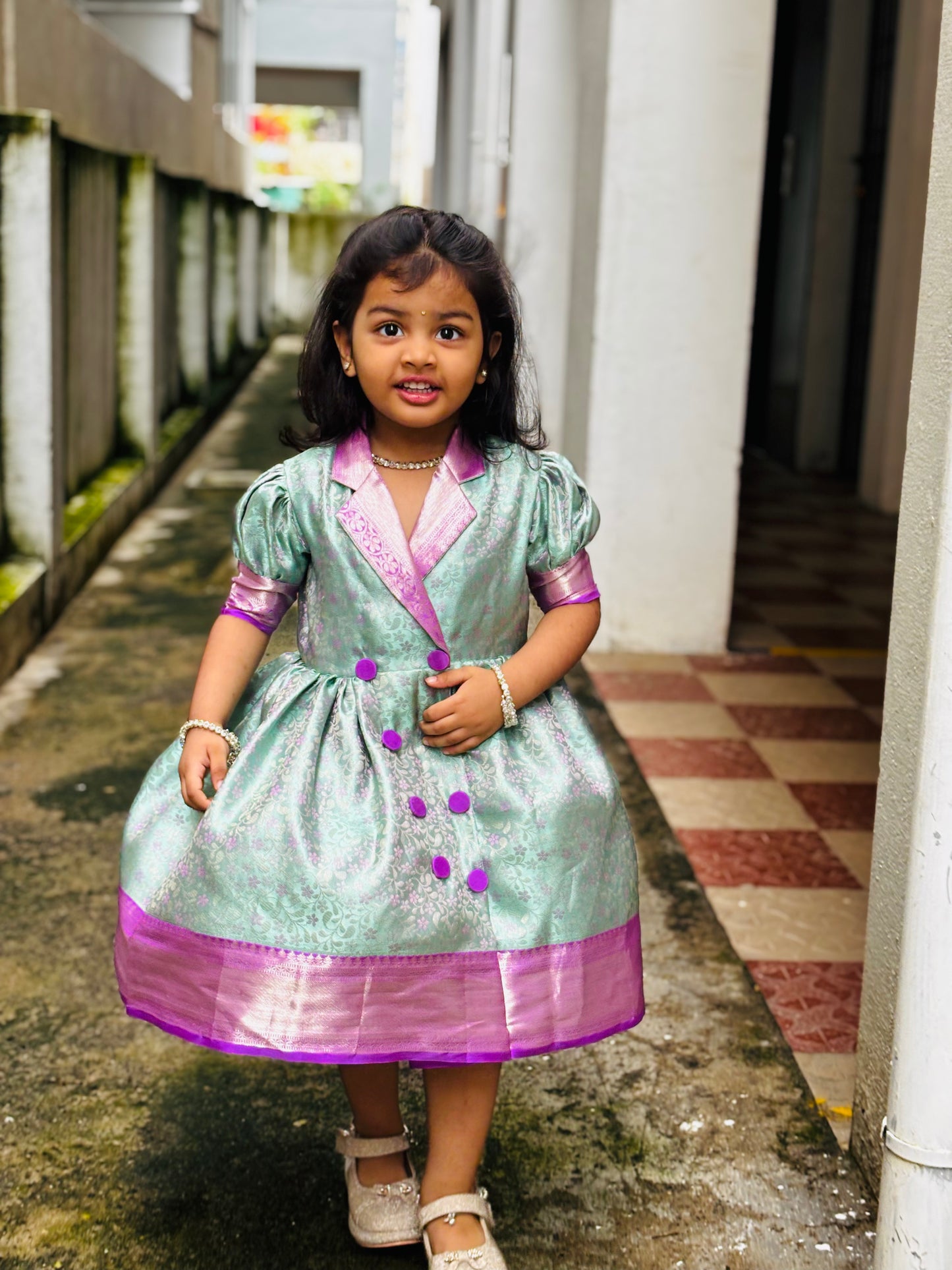 Mint Green & Lavender Kanchipuram Silk Kids Gown with Jacket Style