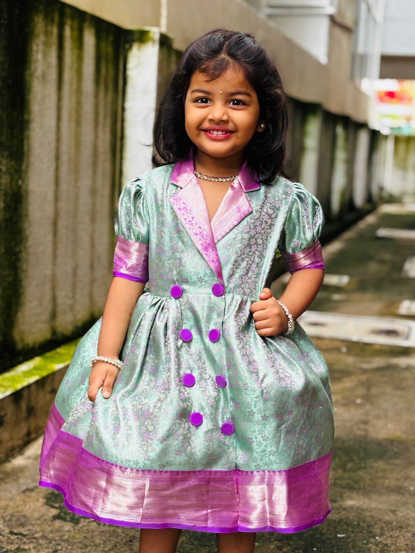 Mint Green & Lavender Kanchipuram Silk Kids Gown with Jacket Style